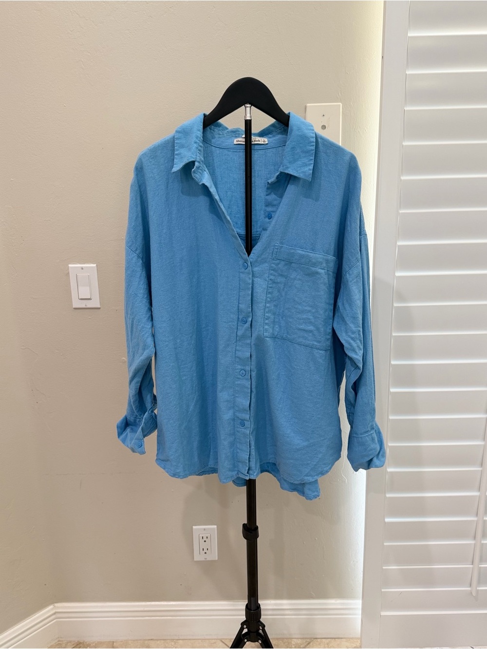 Abercrombie & Fitch Oversized Linen Blend Shirt Blue Preppy